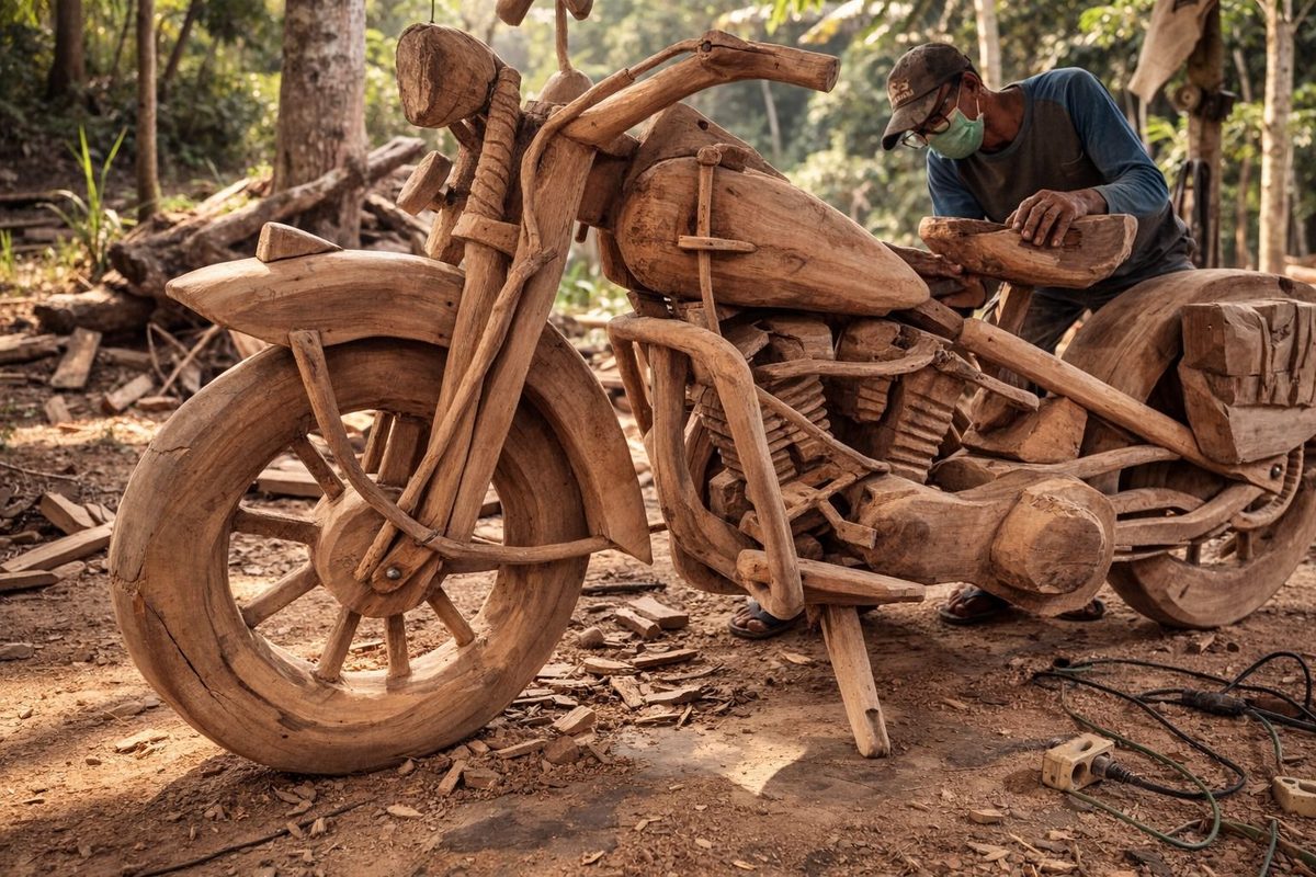 Ambachtsman houten motor sculptuur — Sventerior by Brosi